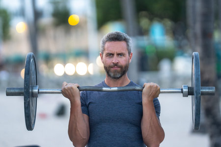 Mature sport man workout with barbell outdoors. Athletic man lifting barbell in public outdoor gym. Fit guy training with barbell. Sports man hold barbell. Muscular man doing outdoor workout.の写真素材