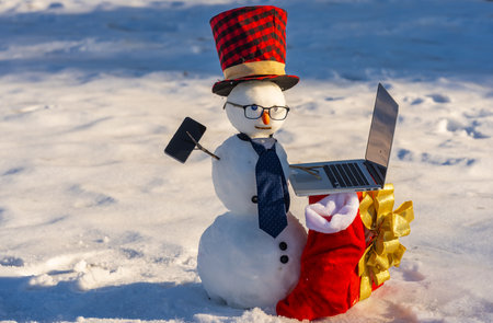Snowman using phone and laptop in winter landscape. Funny snowman phone call outdoors. Snowman with laptop. Snowman businessman working on computer. Business man in winter.の写真素材
