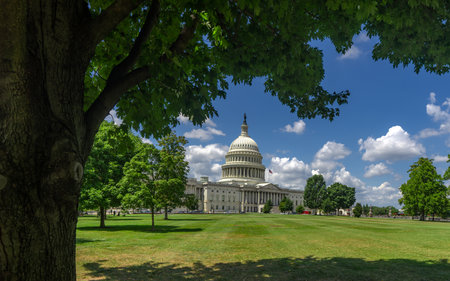 Washington DC federal landmark. United States Capitol architecture. Congress building in the capital. American government house. Flag waving at Capitol Hill. Famous Washington DC monument.の写真素材