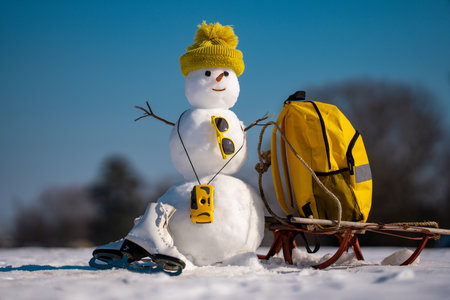 Winter gift from Snowman. Winter gifts sale concept. Snowman in hat and camera holding suitcase, luggage with gift. Winter baggage delivery service. Snowman is Santa helper for delivery gift.の写真素材