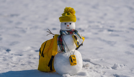 Winter gift from Santa. Winter sale concept. Christmas and New Year celebration. Winter holiday scene. Winter delivery service. Snowman is Santa helper.の写真素材