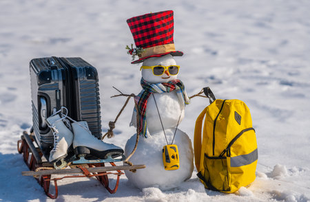 Snowman tourist with sunglasses and backpack. Funny snowman holding suitcase on snowy trip. Christmas traveler snowman with luggage. Snowman on winter vacation with camera and hat.の写真素材