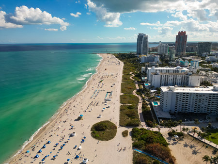 Miami Beach under the summer sky with clouds. South coastal in Miami Beach. Skyscrapers in Miami Beach, aerial panorama. Travel dreams in Florida. Miami Beach cityscape.の写真素材