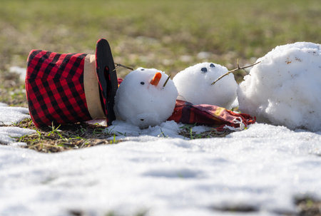 End of winter, hello spring. Melting snowman. Warming season effects. Winter and spring seasons change. Melting snowman with puddles around it. A snowman melting into a puddle of water.の写真素材