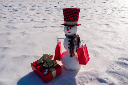 Winter theme. Snowman holding gift. Christmas snowman with festive package. Winter presents with snowmen. Snowman with gift boxes. Greeting card for winter. New Year gifts. Winter design.の写真素材