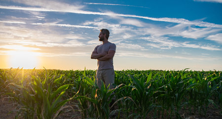A farmer inspects the cornfield on sunrise. The male farmer works outdoors in the field....