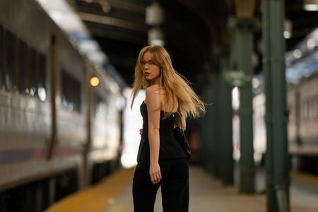 Woman standing by the train wagon. Girl exploring the city by rail. Lady at the railway station....
