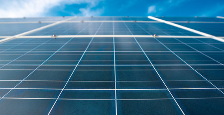 Panel panels on blue sky background. Solar energy. Clean solar power for homes. Panel installation...