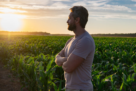 A farmer inspects the cornfield on sunset. The male farmer works outdoors in the field. A man...