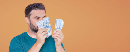 Banner of man with money dollars banknotes.
