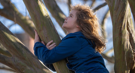 Kids climbing trees outdoors. Child playing on tree. Happy boy hugging a tree. Little kid climber in the park. Childhood fun in the countryside. Playful children in the garden. Child climbing a branch.の写真素材
