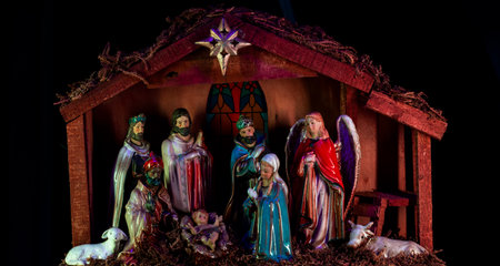 Nativity of Jesus. Christmas nativity scene with Jesus in the manger, kings, farm animals and star of Bethlehem.の写真素材