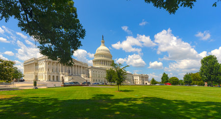 Washington DC Capitol building. Congress on Capitol Hill. American flag over Capitol. Historic USA...