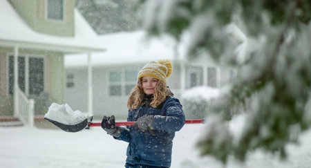 Child clearing sidewalks and shoveling snow. Child removing snow with shovel. Little helper. Winter kids fun outdoor. Child with a shovel is clearing snow after strong snowstorm. Winter cold season.の写真素材