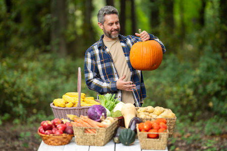 Farmer harvesting fresh vegetables in a rural garden. Farmer with fruits and vegetables at local market. Mature farmer collecting vegetables produce. Farmer holding a basket full of fresh vegetables.の写真素材