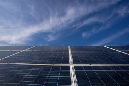 Panel panels on blue sky. Solar solutions for green living. Power from solar is renewable. Solar...