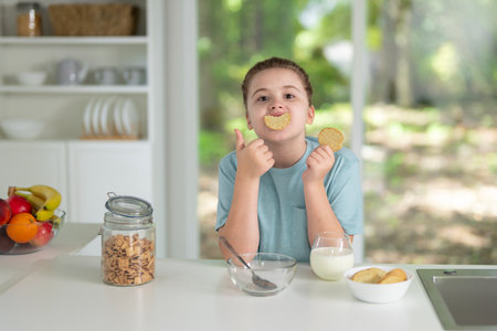 Kid eat healthy food at home. Happy kids eat fruits and vegetables. Child healthy food concept....