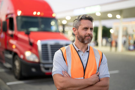 Job truck driver. ruck driver standing near large semi-truck trailer. Truck lorry for cargo shipping...