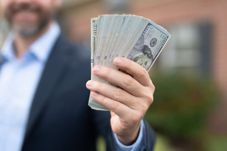 A realtor hands money after finalizing a property purchase. Homeowner holds money to newly purchased...