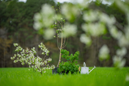 Watering can and shovel on garden. Planting tools. Garden tools on spring meadow.