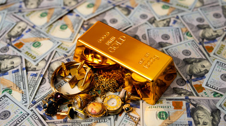 Background with gold. Finance background with golden metal and currency. Gold bars and deposit. Banking theme with pure gold and income. Rich lifestyle concept with gold and investment.の写真素材