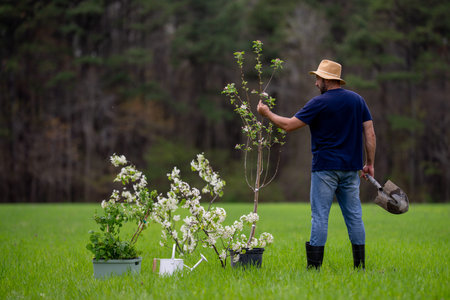 Gardener farmer working in spring garden. Farmer in garden with shovel. Back of gardener cultivating...
