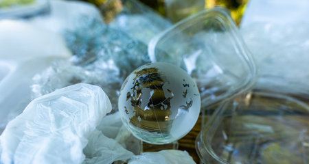 Trash and plastic pollutes near earth planet. Garbage on nature. Recycling helps protect the environment. Eco concept. Ecosystems and earth. Caring for Earth preserves the planet.の写真素材