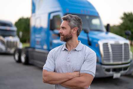 Truck drivers is a dream job. Truck driver working hard. A trucking career in the USA. Truck driver work on country travel. Truck driver work best profession in America. Desirable jobs in America.の写真素材
