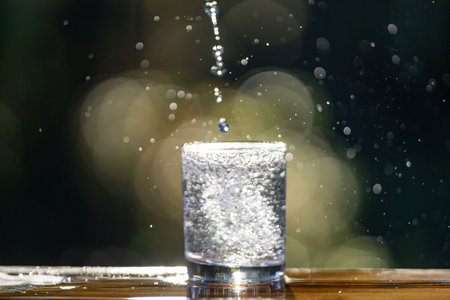 Glass and water pouring on the green garden background. Water pouring into glass on wooden table outdoors. Pouring water on nature background. Pouring soda water into glass, closeup.の写真素材