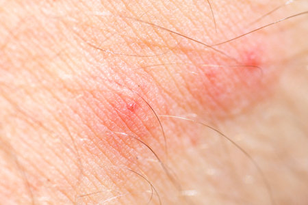Close-up of mosquito bite on skin. Itchy skin after insect bite. Macro view of mosquitos reaction....
