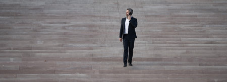 Businessman step up upward on stairs. Man stepping toward professional growth and success. Step by step toward career achievement. Business man climbing stairs. Step to business goals.の写真素材