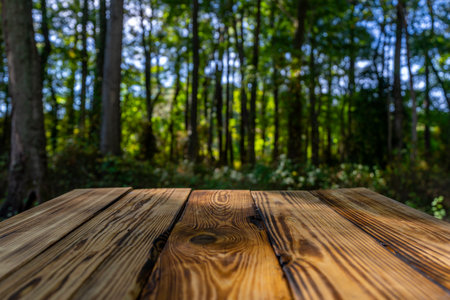 Green background with wooden table. Wooden table in the foreground with a lush, green park scene in the background. Beautiful natural summer background with empty wooden table in nature outdoor.の写真素材