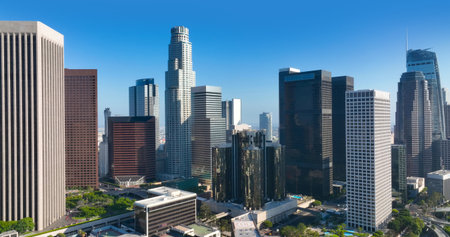 Aerial drone view of downtown Los Angeles. American dream LA cityscape. Iconic urban view of America. California LA city skyline. Modern metropolis in USA. LA dream city. LA skyscrapers from top.の写真素材