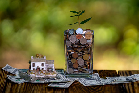 House purchase and mortgage concept with dollars. Real estate investment and property income. American home, rent, and financial planning. Realtor and apartment sale with mortgage and loan.の写真素材