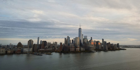 NYC skyline from Jersey over the Hudson River with the skyscrapers. Manhattan, Midtown, NYC, USA....