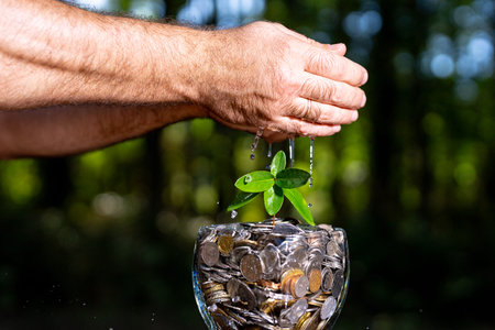 Financial investment concept. Business idea for growing income. Plant growing on coins. Business...