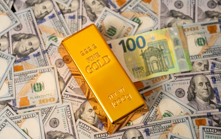 Euro vs dollar vs gold. Financial success with cash and gold bars. Finance and income with USD, EU...