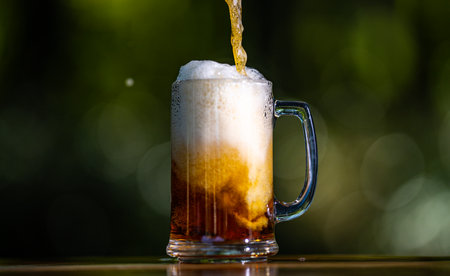 Pouring amber ale beer in nature. Brewed beer with bubbles and foam. Lager beer on summer day.の写真素材