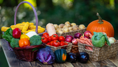 Rural farm scene with seasonal fruits and vegetables. Healthy vegetables growing naturally in a vibrant garden. Autumn harvest of fresh fruits and vegetables in wooden basket. Fresh seasonal harvest.の写真素材