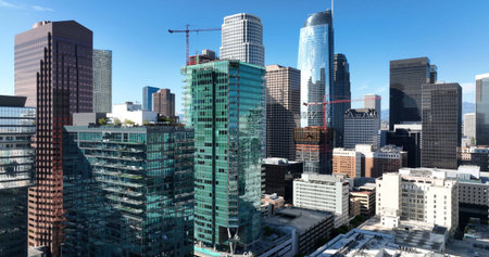 Aerial panorama of Los Angeles city skyline with skyscrapers. Drone shot of downtown Los Angeles....