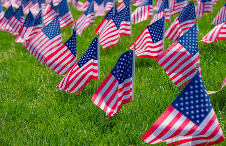 US flag background. American flag waving. Celebration on 4th of July. Independence Day. American flags on grass. USA banner. Memorial Day. USA flags. United States flags in park.の写真素材
