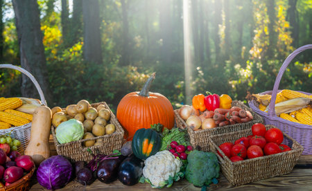 Fresh vegetables harvested from the eco farm. Basket full of green and ripe produce. Organic crops ready for healthy meals.の写真素材
