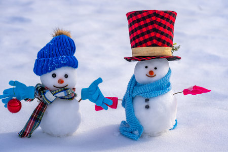 Snowman in snowy nature. Snow man on outdoor winter field. Winter snowman for New Year design. Snowman with scarf and gloves. Snow man with copy space for banner. Funny snowman.の写真素材
