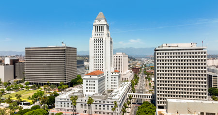 Los Angeles district with skyscrapers. Aerial panorama of the LA city. Los Angeles skyline. Modern urban view of Los Angeles with architecture and sky.の写真素材