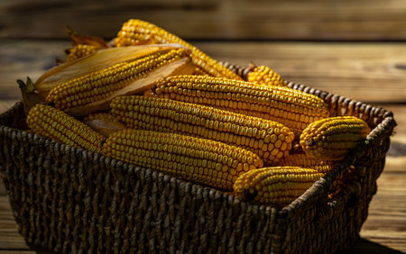 Fresh corn cobs in basket on wooden table. Ripe maize harvest with natural background. Raw corn and...
