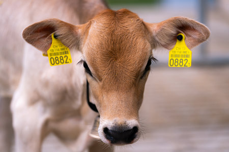 Dairy farming. Cute calf in a farm. Calf in the countryside. Farm life with cattle and calves. Little calf in a rural farmland. Bovine animals. Farming with cattle. Beef calf.の写真素材