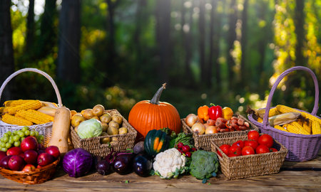 Fresh raw vegetables and fruits. Farm with fresh vegetable selection. Harvested fruits and vegetables for market. Organic farming produce. Freshly vegetables in basket. Harvest of colorful vegetables.の写真素材