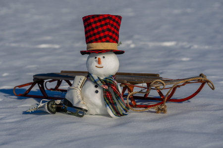 Snowman with snowball fun outdoors. Snowman for winter seasonal poster design.