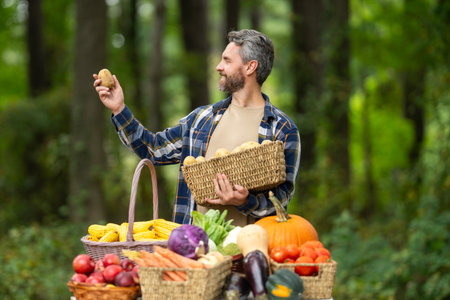 Hispanic Farmer harvesting fresh vegetables in a rural garden. Man with fruits and vegetables at a local market. Agronomist collecting vegetables. Farmer holding a basket full of fresh vegetables.の写真素材
