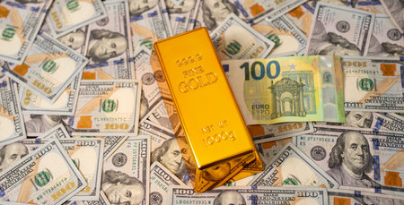 Euro vs dollar vs gold. Financial success with cash and gold bars. Finance and income with USD, EU...